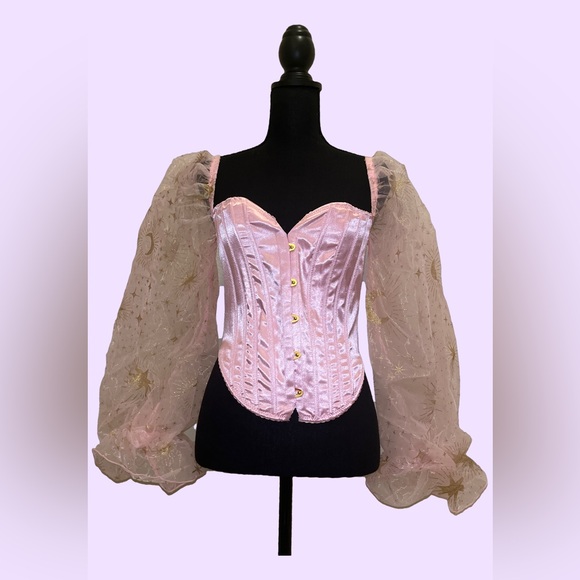 Sugar Thrillz Pink Satin Boned Corset with Long Sheer puffy sleeves Halloween - Picture 2 of 5